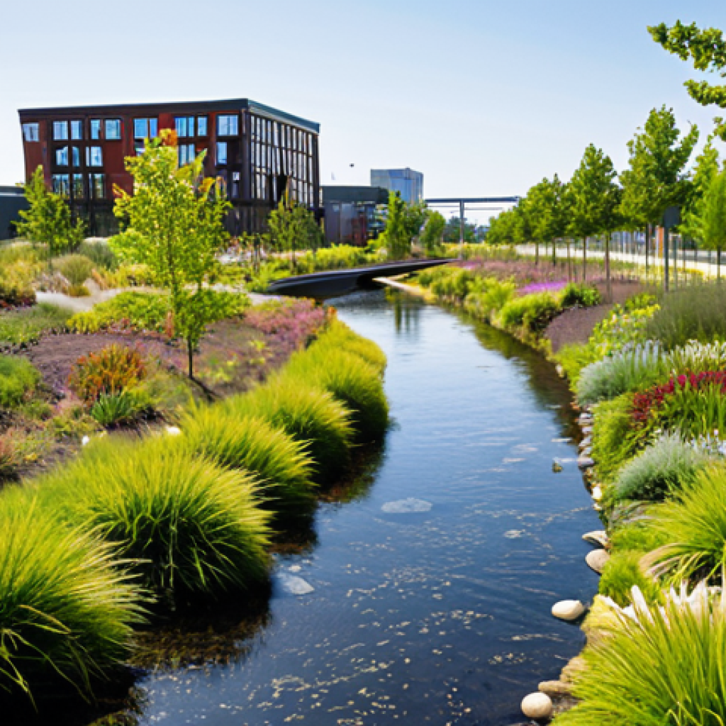A vibrant urban landscape showcasing a dramatic ecological transformation. A former industrial brownfield site has been revitalized into a flourishing public park with native plants, clean waterways, and walking paths. Sleek, sustainable architecture and community spaces are integrated into the background, signifying both environmental healing and economic growth. The scene is bright and optimistic, emphasizing revitalized urban life and a harmonious blend of nature and modern design.