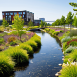 A vibrant urban landscape showcasing a dramatic ecological transformation. A former industrial brownfield site has been revitalized into a flourishing public park with native plants, clean waterways, and walking paths. Sleek, sustainable architecture and community spaces are integrated into the background, signifying both environmental healing and economic growth. The scene is bright and optimistic, emphasizing revitalized urban life and a harmonious blend of nature and modern design.
