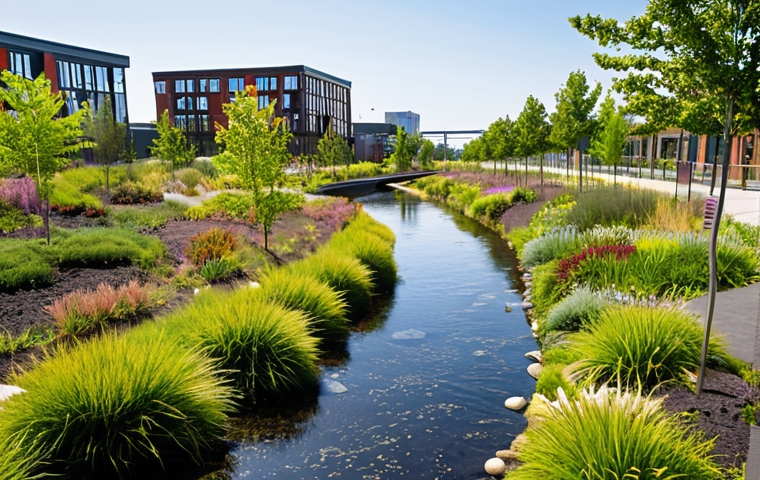 A vibrant urban landscape showcasing a dramatic ecological transformation. A former industrial brownfield site has been revitalized into a flourishing public park with native plants, clean waterways, and walking paths. Sleek, sustainable architecture and community spaces are integrated into the background, signifying both environmental healing and economic growth. The scene is bright and optimistic, emphasizing revitalized urban life and a harmonious blend of nature and modern design.