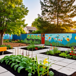 **

"A vibrant community garden with diverse neighbors planting vegetables and flowers. Comfortable benches are scattered throughout the garden for relaxation. In the background, a small pond attracts birds and butterflies. The sun is setting, casting a warm glow over the scene. Include elements of public art, such as a mosaic wall made by the community. In the style of a photograph with natural lighting."

**