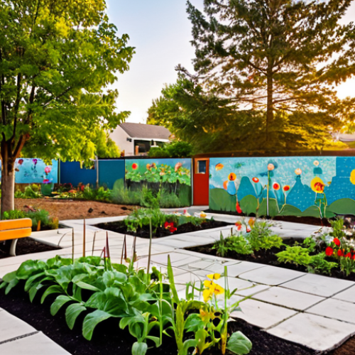 Home 8 **
"A vibrant community garden with diverse neighbors planting vegetables and flowers. Comfortable benches are scattered throughout the garden for relaxation. In the background, a small pond attracts birds and butterflies. The sun is setting, casting a warm glow over the scene. Include elements of public art, such as a mosaic wall made by the community. In the style of a photograph with natural lighting."
**