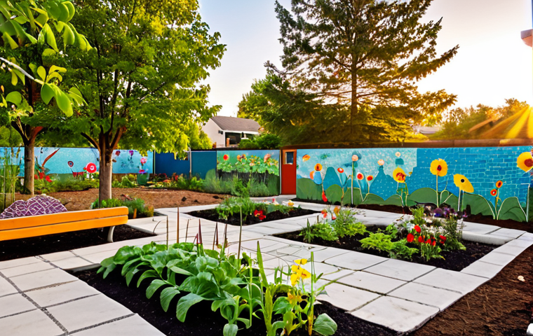 **
"A vibrant community garden with diverse neighbors planting vegetables and flowers. Comfortable benches are scattered throughout the garden for relaxation. In the background, a small pond attracts birds and butterflies. The sun is setting, casting a warm glow over the scene. Include elements of public art, such as a mosaic wall made by the community. In the style of a photograph with natural lighting."
**