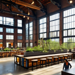 전환된 폐공간의 도시 설계 원칙 - **Image Prompt: "A breathtaking, high-angle, cinematic shot showcasing the adaptive reuse of a grand...