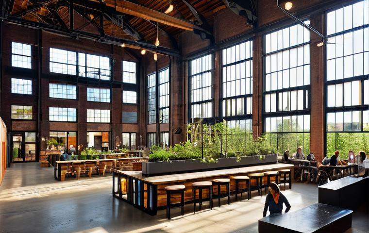 전환된 폐공간의 도시 설계 원칙 - **Image Prompt: "A breathtaking, high-angle, cinematic shot showcasing the adaptive reuse of a grand...