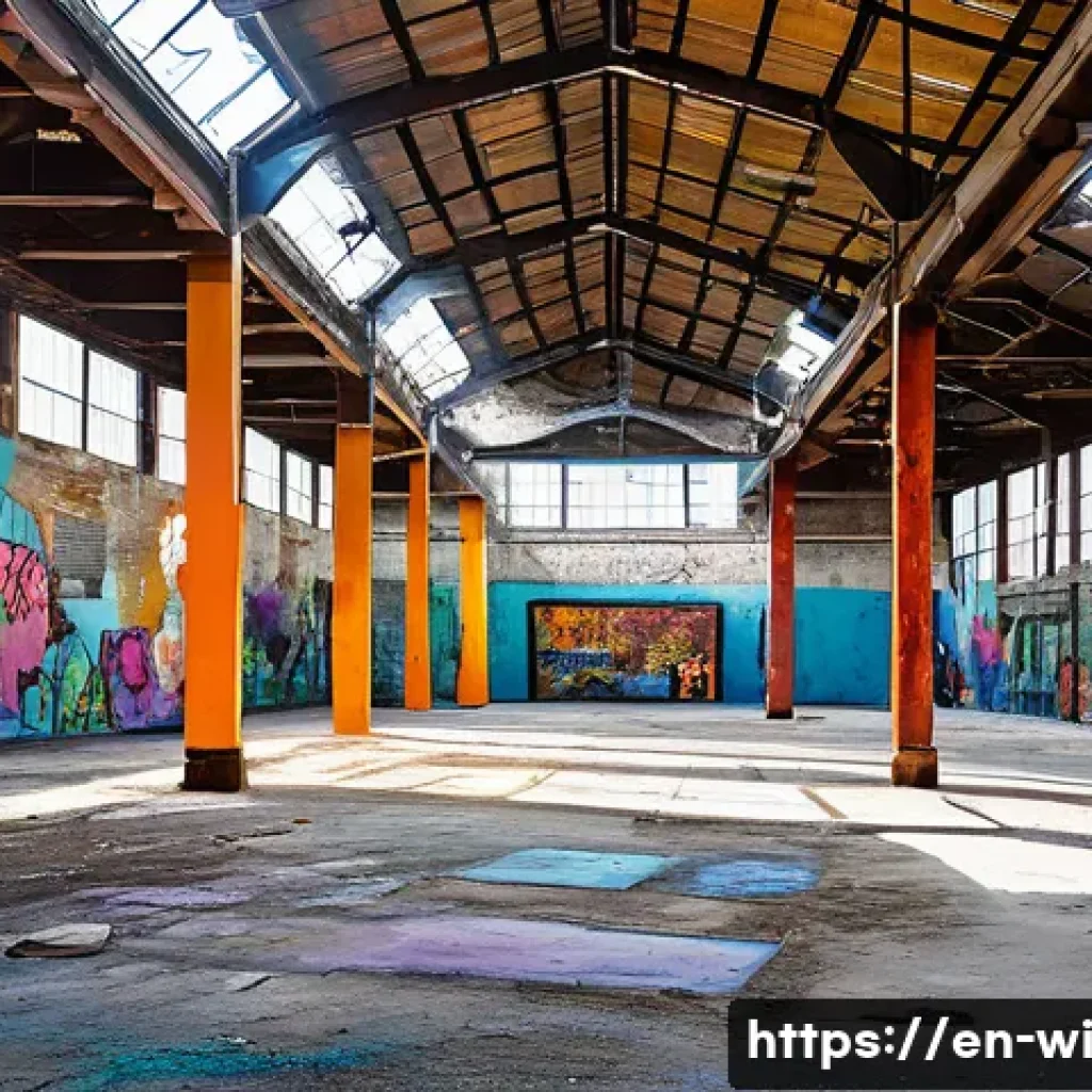 관광지로 변모한 폐공간 사례 - A vibrant urban art playground inside an abandoned factory with peeling paint and rusted metal beams...