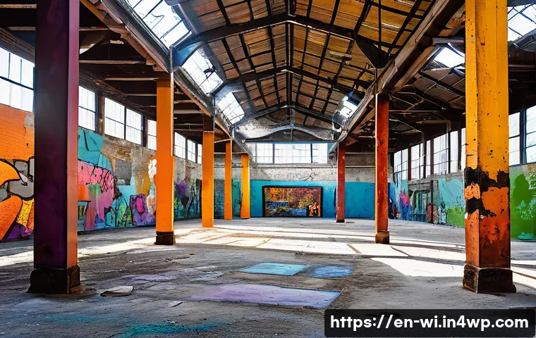 관광지로 변모한 폐공간 사례 - A vibrant urban art playground inside an abandoned factory with peeling paint and rusted metal beams...