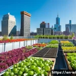Home 22 폐공간을 이용한 도시농업 발전 사례 - A vibrant rooftop garden atop a modern city building during a sunny day, featuring raised beds fille...