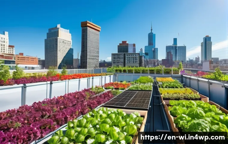 폐공간을 이용한 도시농업 발전 사례 - A vibrant rooftop garden atop a modern city building during a sunny day, featuring raised beds fille...