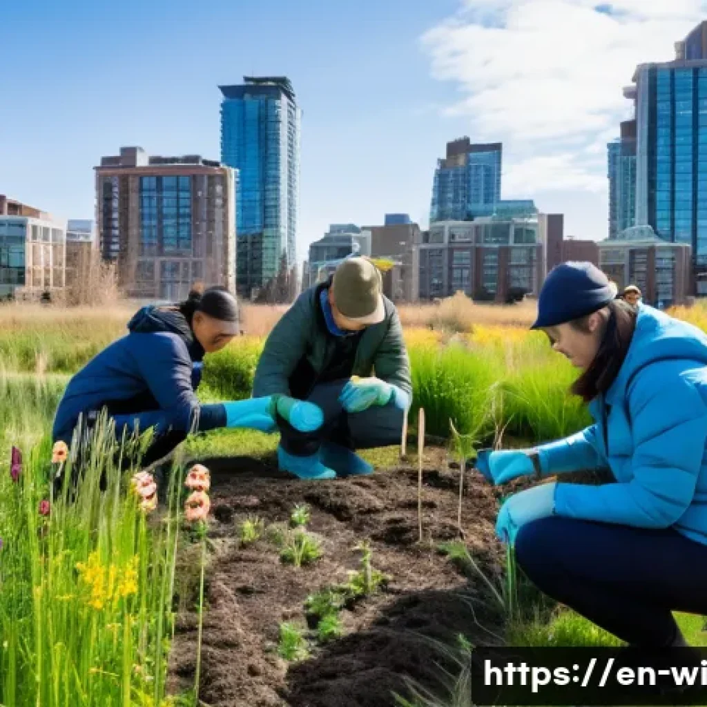 폐공간 생태적 전환의 생애 주기 평가 - A vibrant urban ecological restoration site in early spring, featuring diverse native wildflowers bl...