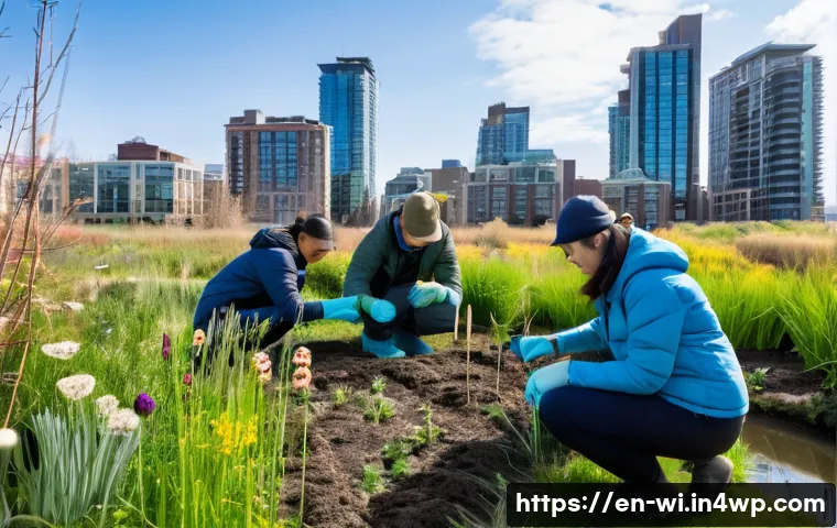 폐공간 생태적 전환의 생애 주기 평가 - A vibrant urban ecological restoration site in early spring, featuring diverse native wildflowers bl...