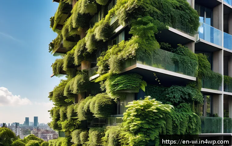 폐공간을 활용한 친환경적 건축 사례 - A stunning vertical forest skyscraper in a bustling urban environment, fully covered with lush green...