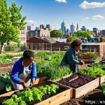 Home 18 폐공간 활용을 위한 자원 순환 사례 - A vibrant urban community garden thriving in a reclaimed vacant lot within a diverse city neighborho...