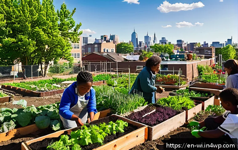 폐공간 활용을 위한 자원 순환 사례 - A vibrant urban community garden thriving in a reclaimed vacant lot within a diverse city neighborho...