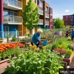 Home 23 폐공간 생태적 전환의 사회적 영향 - A vibrant urban community garden scene on a sunny weekend, showing diverse residents—families, elder...
