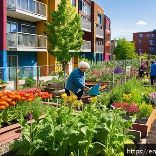 Home 17 폐공간 생태적 전환의 사회적 영향 - A vibrant urban community garden scene on a sunny weekend, showing diverse residents—families, elder...