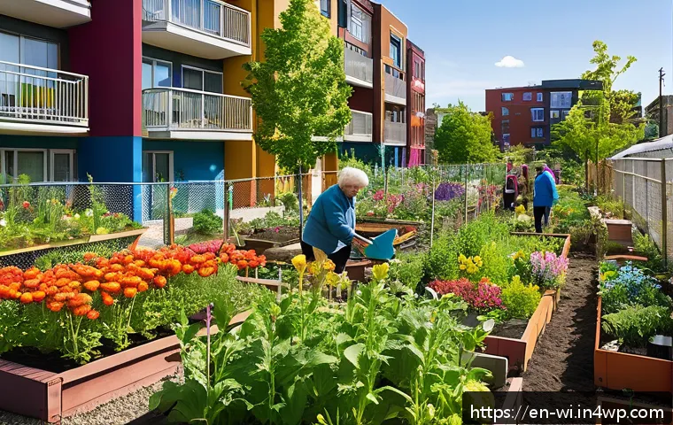 폐공간 생태적 전환의 사회적 영향 - A vibrant urban community garden scene on a sunny weekend, showing diverse residents—families, elder...